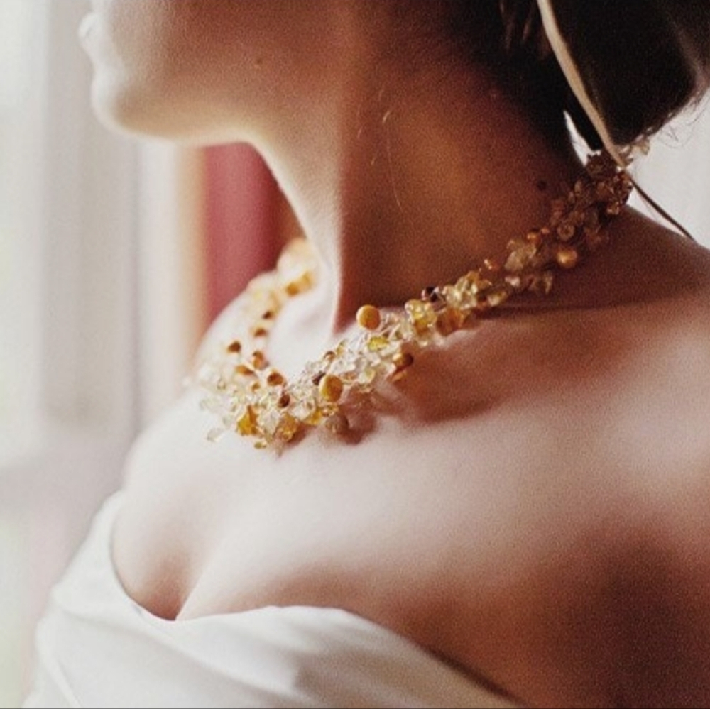 Statement Citrine and Pearl silver thick collar choker necklace adjustable